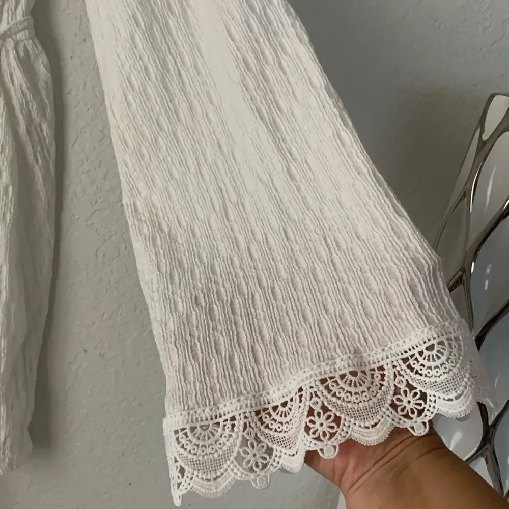 ASOS Design Textured White Crochet Trim Wrap Long Sleeve Mini Dress Size 6 - Picture 9 of 12
